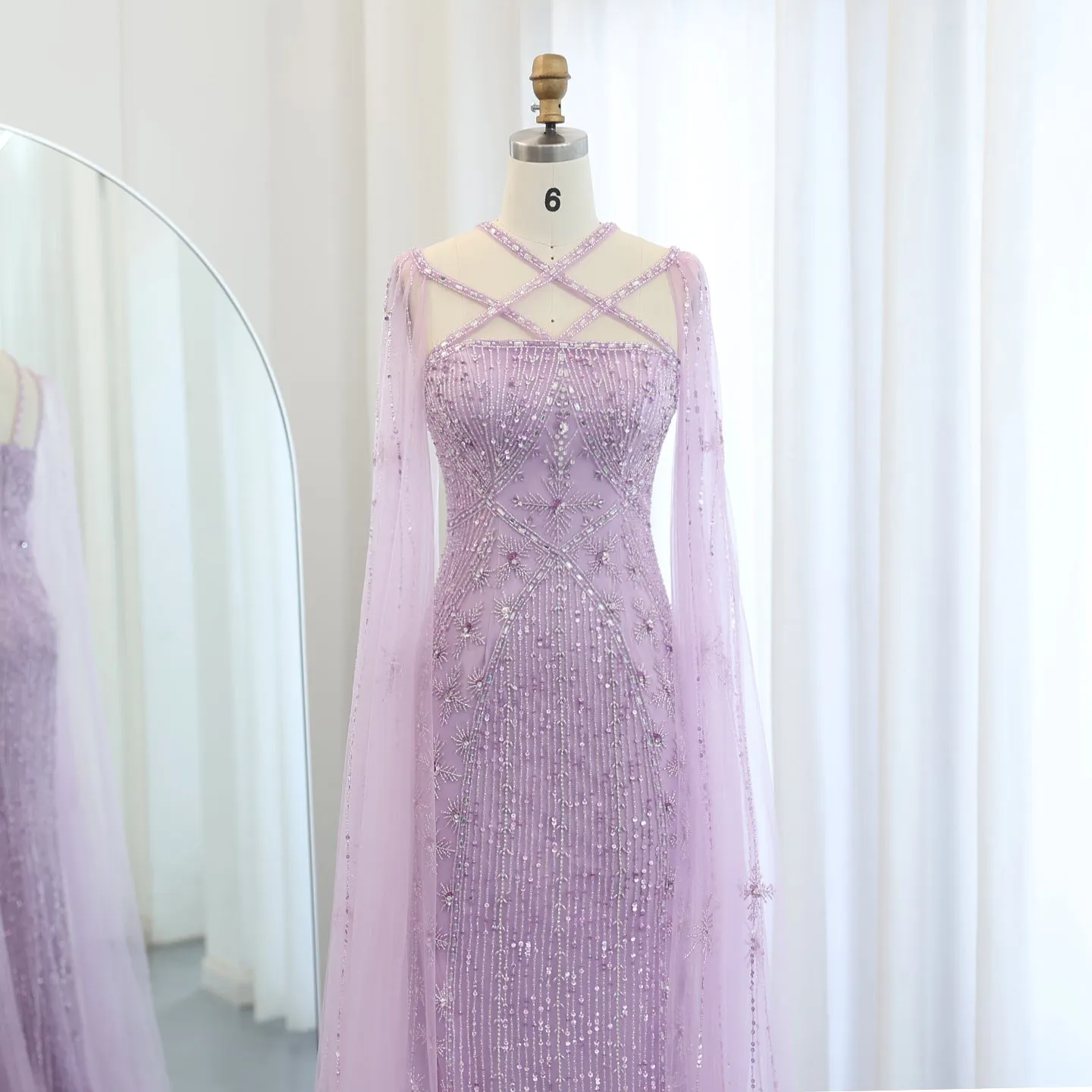 Luxury Aqua Crisscross Evening Dress with Cape Sleeves SS391