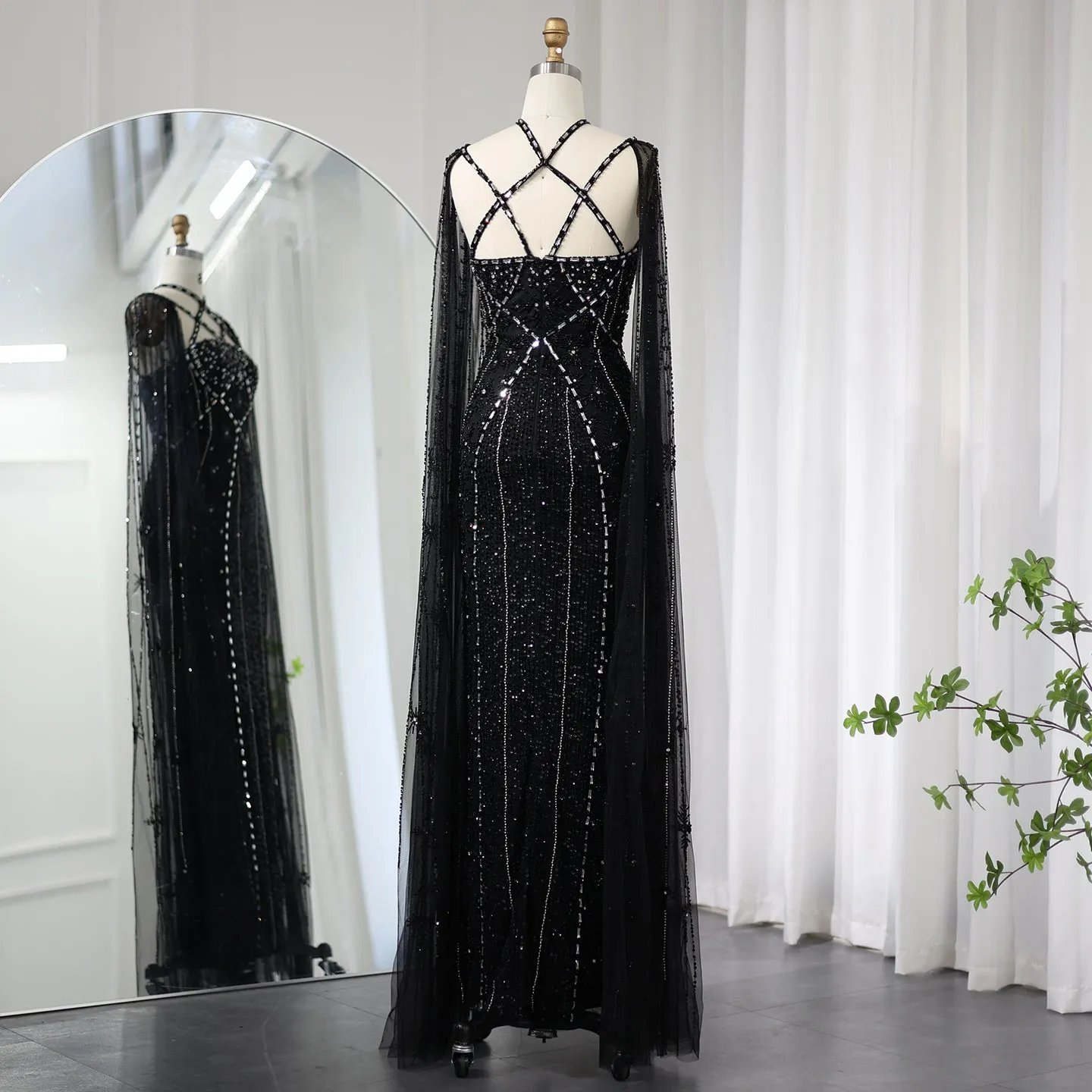 Luxury Aqua Crisscross Evening Dress with Cape Sleeves SS391
