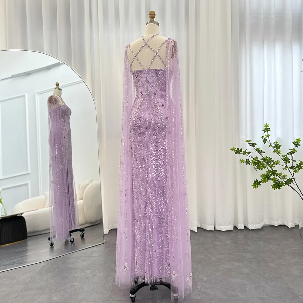 Luxury Aqua Crisscross Evening Dress with Cape Sleeves SS391