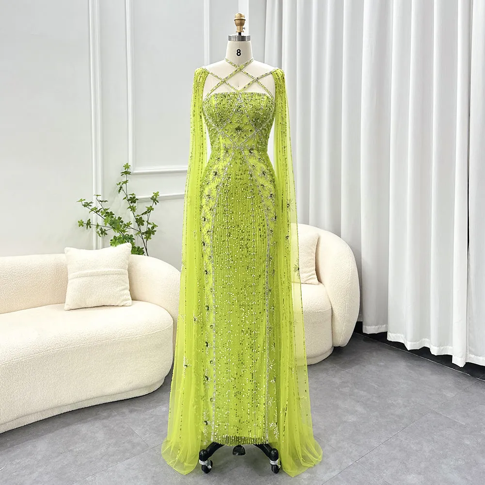 Luxury Aqua Crisscross Evening Dress with Cape Sleeves SS391