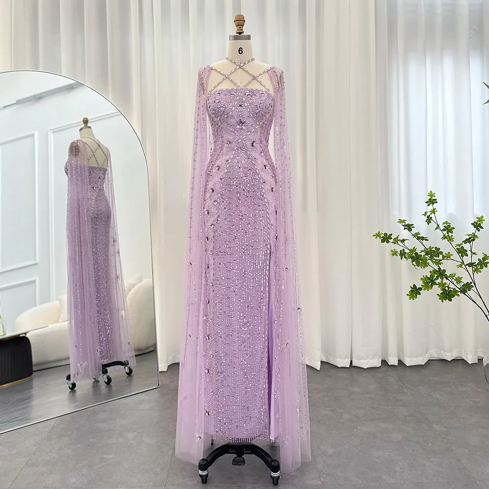 Luxury Aqua Crisscross Evening Dress with Cape Sleeves SS391