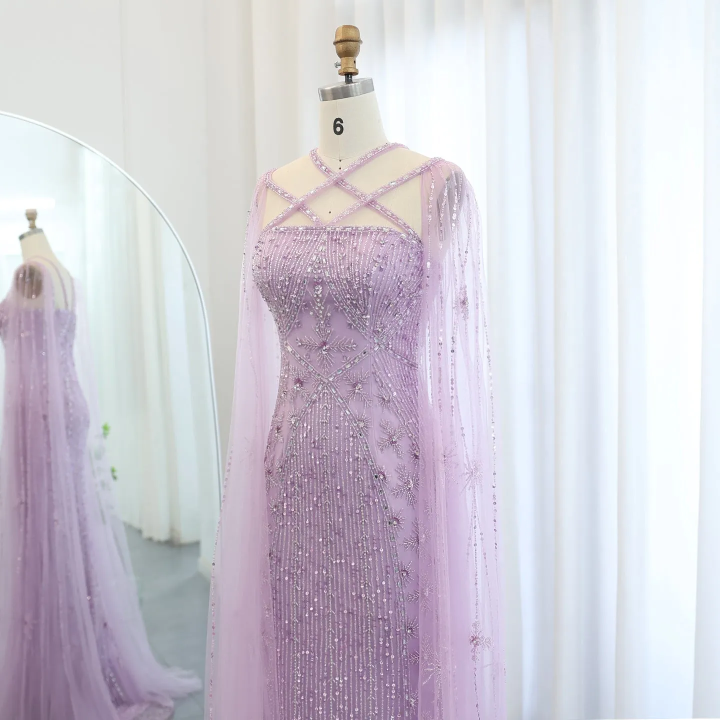 Luxury Aqua Crisscross Evening Dress with Cape Sleeves SS391
