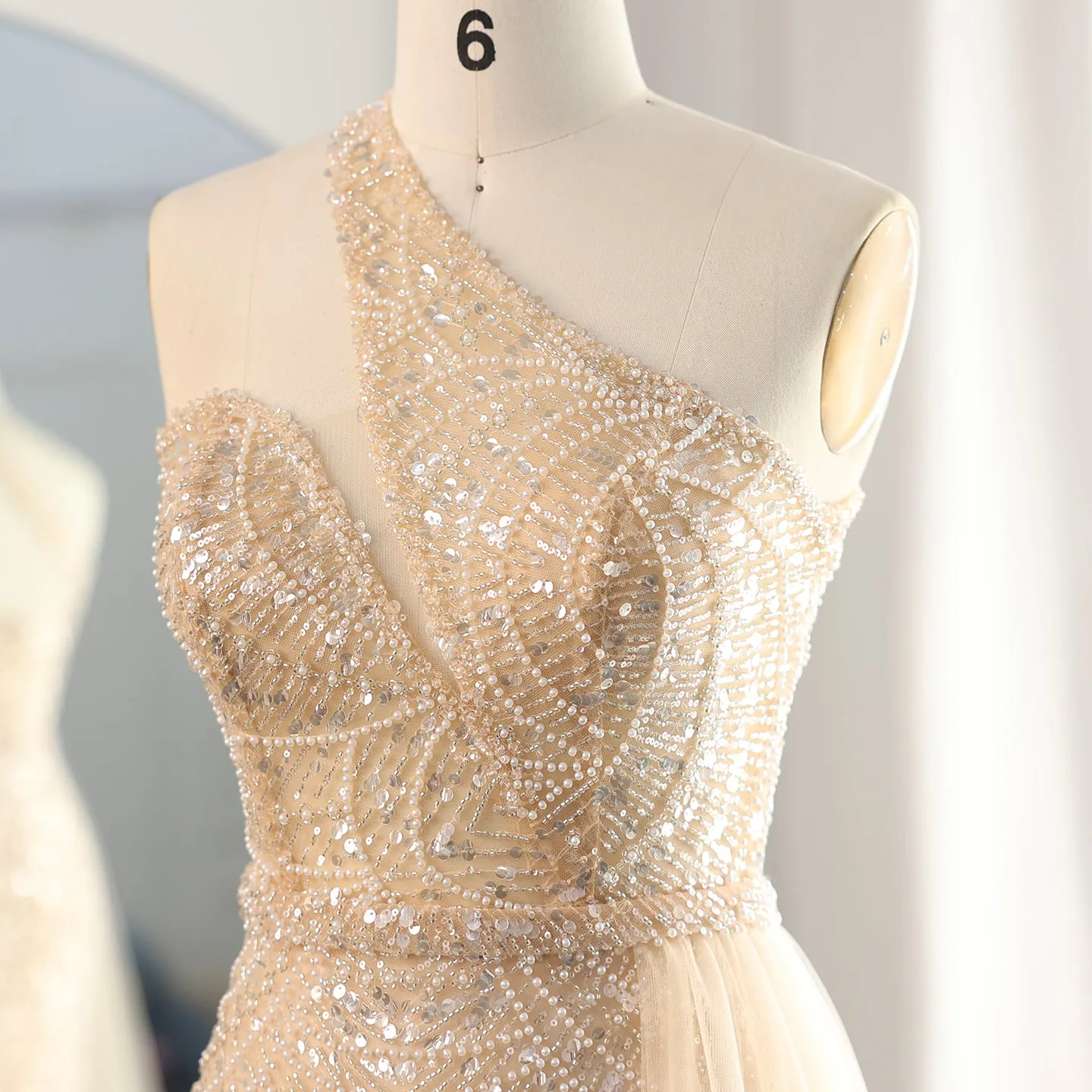 Luxury Nude One Shoulder Evening Dress with Overskirt SS134