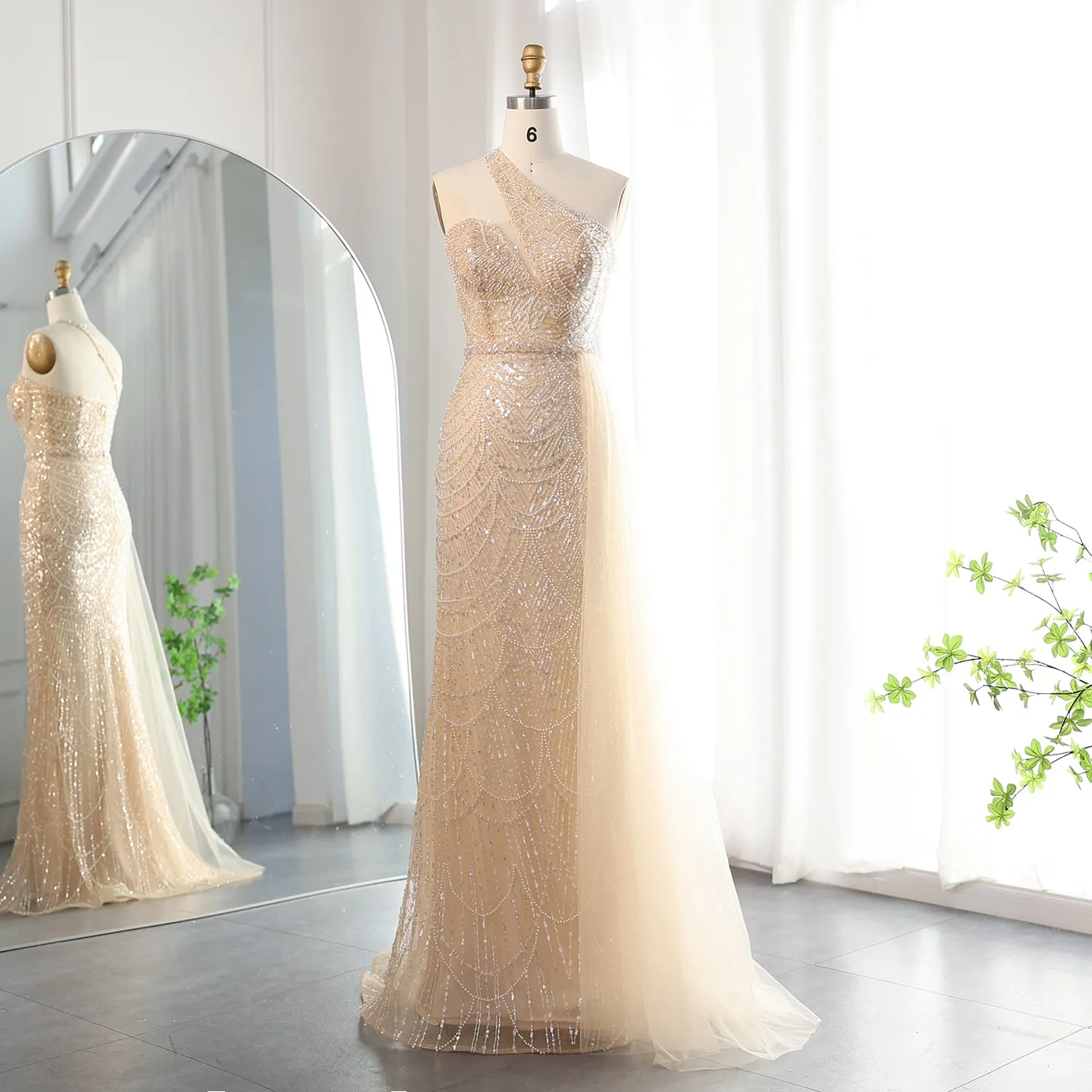 Luxury Nude One Shoulder Evening Dress with Overskirt SS134