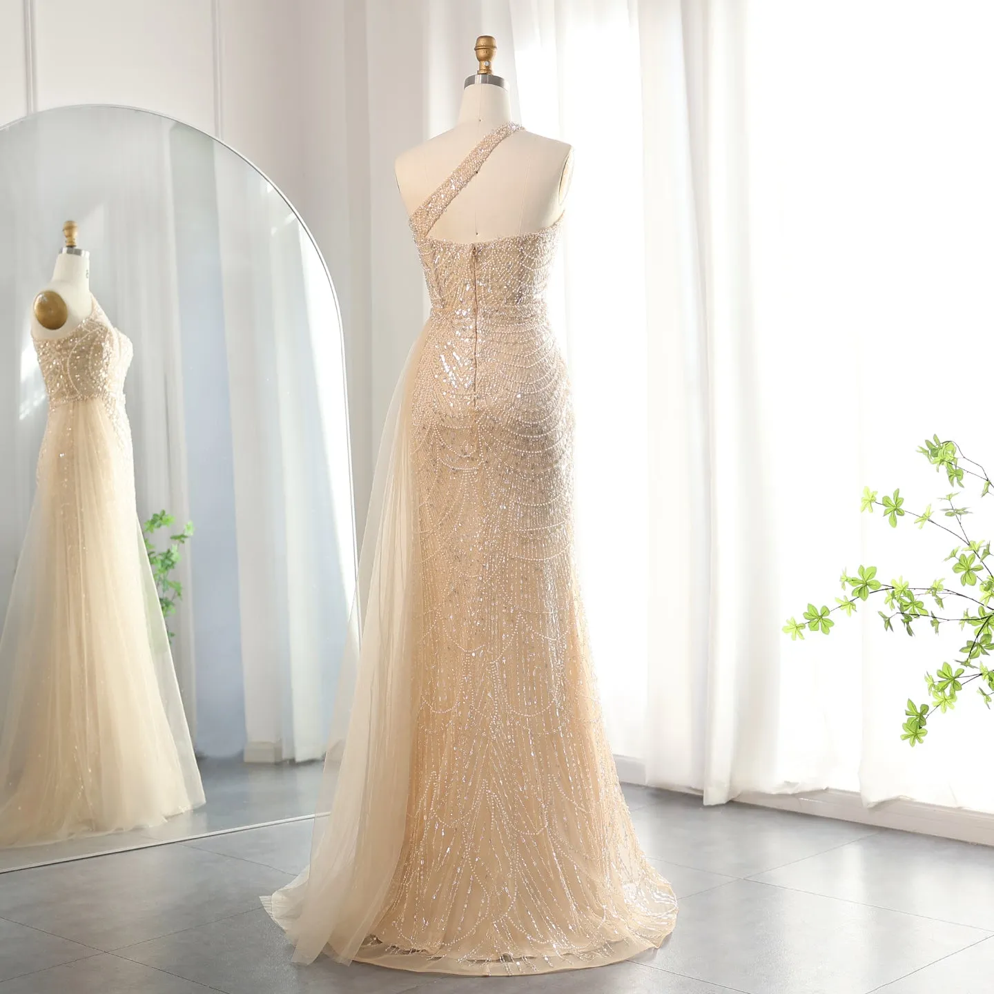Luxury Nude One Shoulder Evening Dress with Overskirt SS134