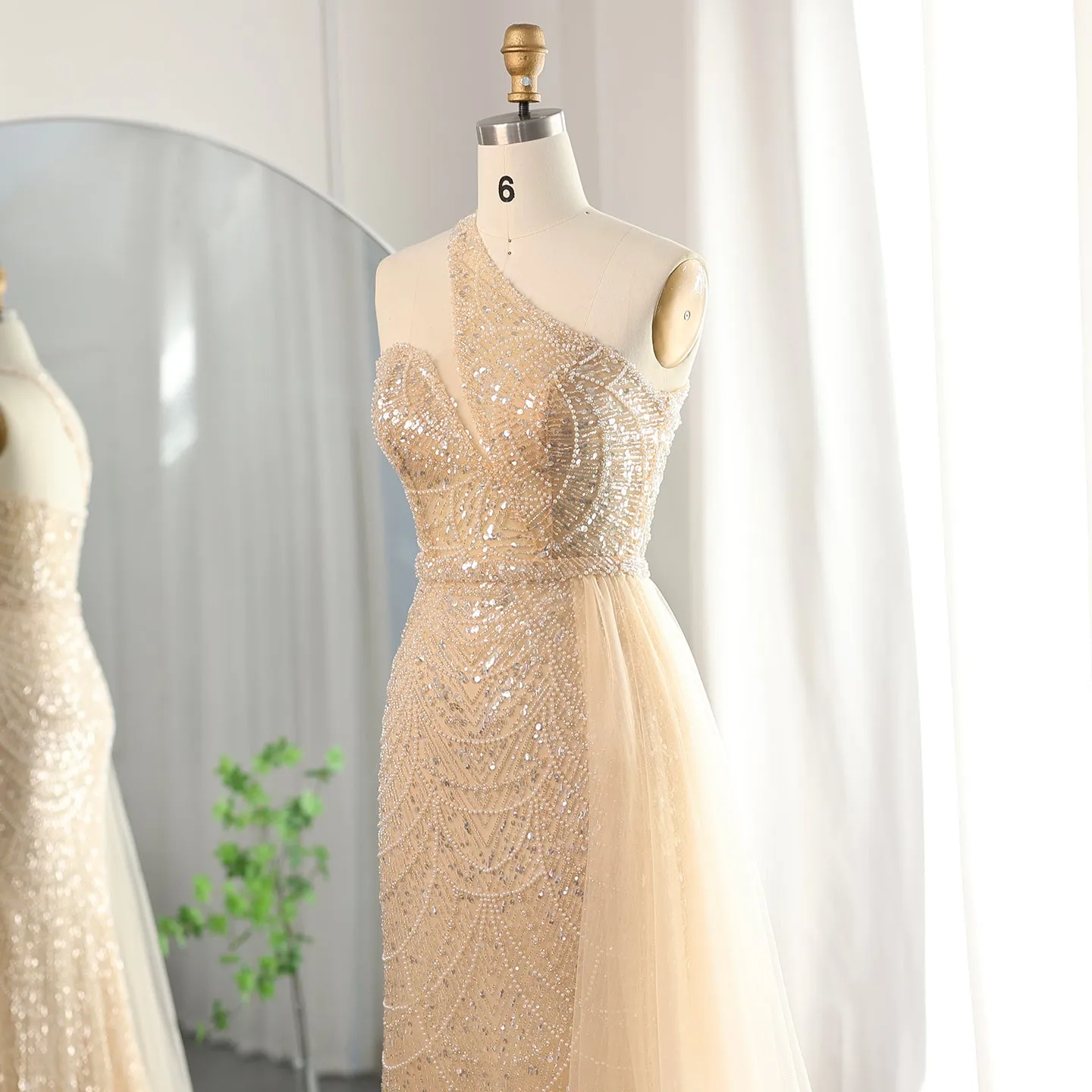 Luxury Nude One Shoulder Evening Dress with Overskirt SS134