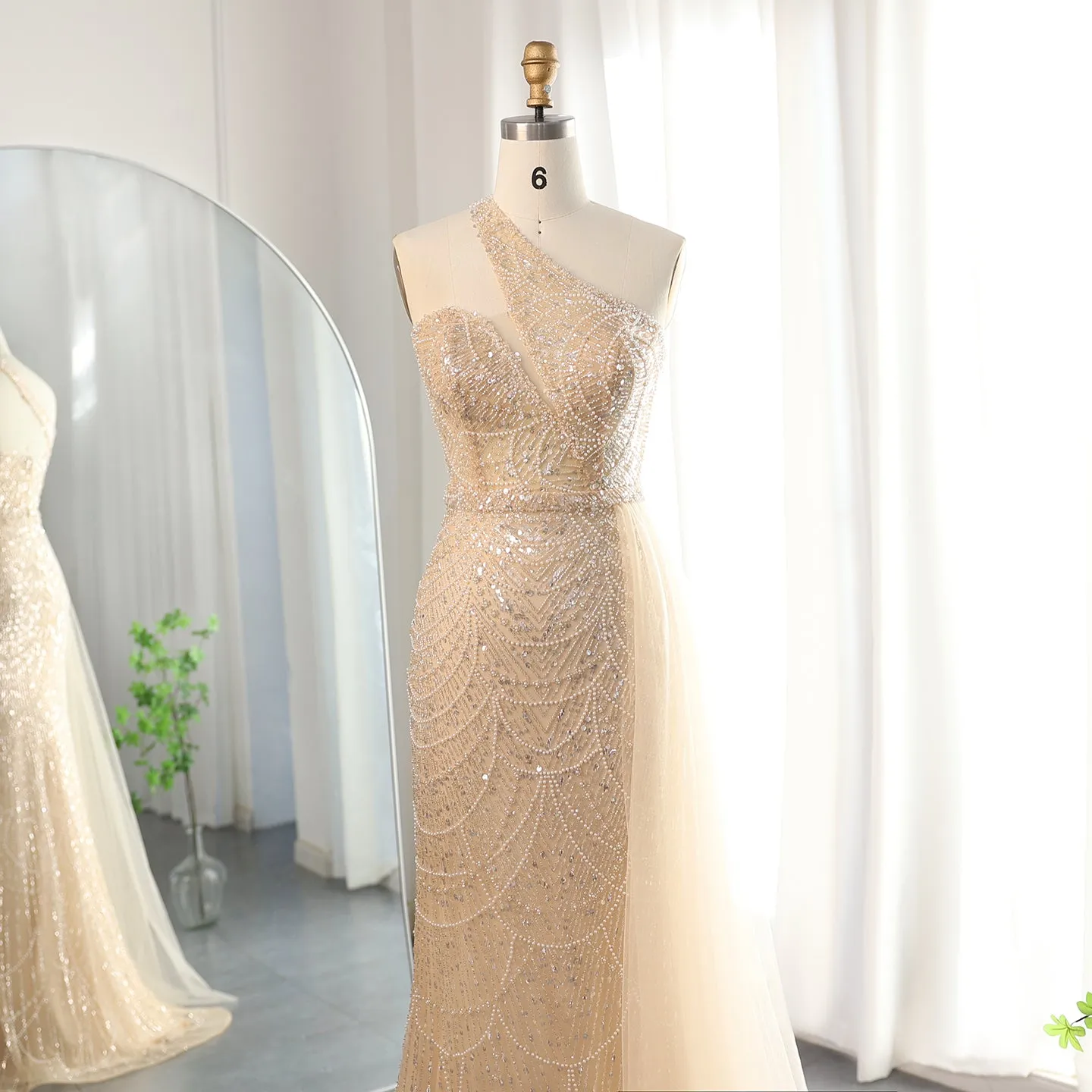 Luxury Nude One Shoulder Evening Dress with Overskirt SS134