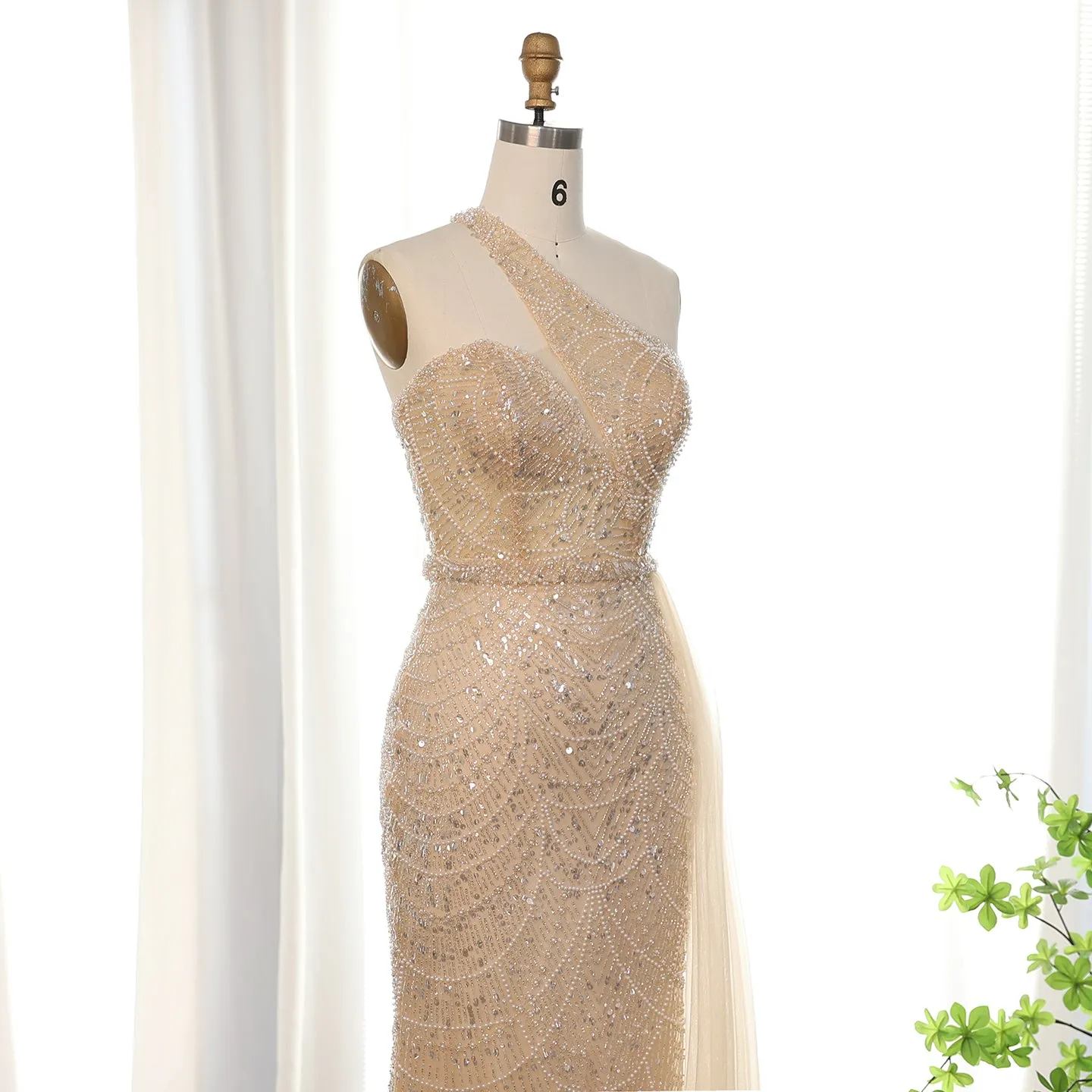 Luxury Nude One Shoulder Evening Dress with Overskirt SS134