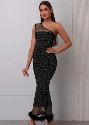 One Shoulder Fuzzy Trim Contrast Mesh Dress