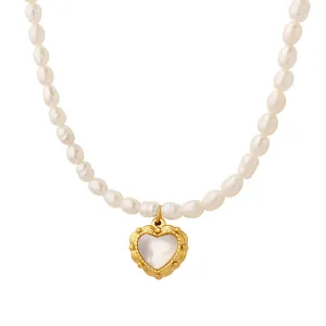 Pearl White Sea Shell Heart Pendant Necklace with Titanium Steel Chain