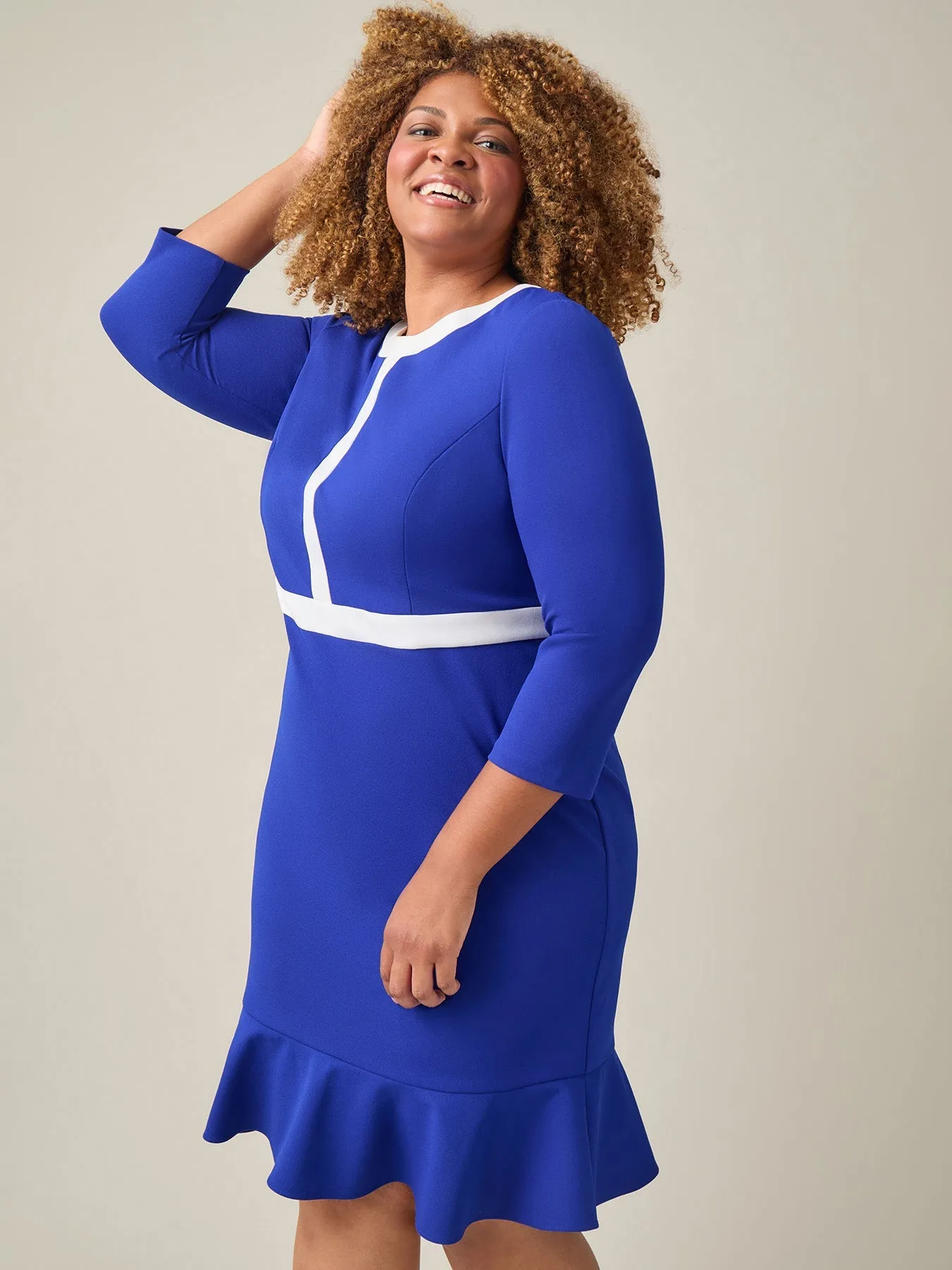 Plus Colorblock Ruffle Hem Dress, Royal Signature/White
