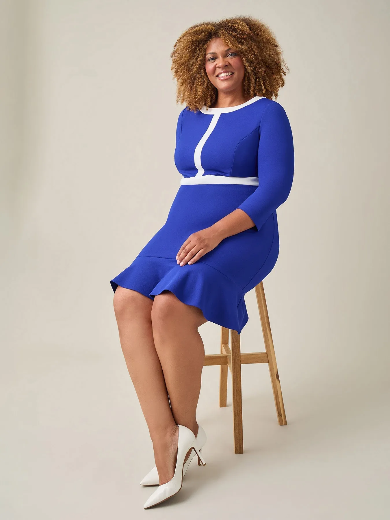 Plus Colorblock Ruffle Hem Dress, Royal Signature/White