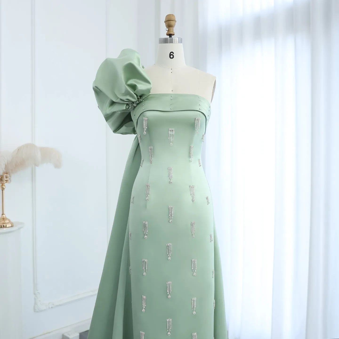 Sage Green One-Shoulder Tassel Evening Dress with Cape SS368