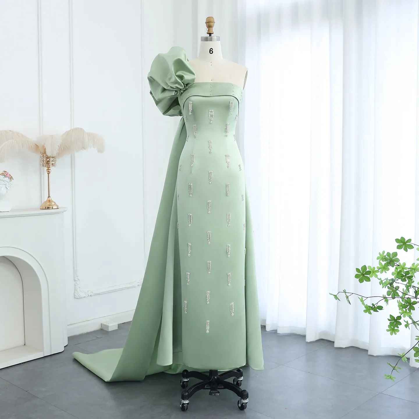 Sage Green One-Shoulder Tassel Evening Dress with Cape SS368