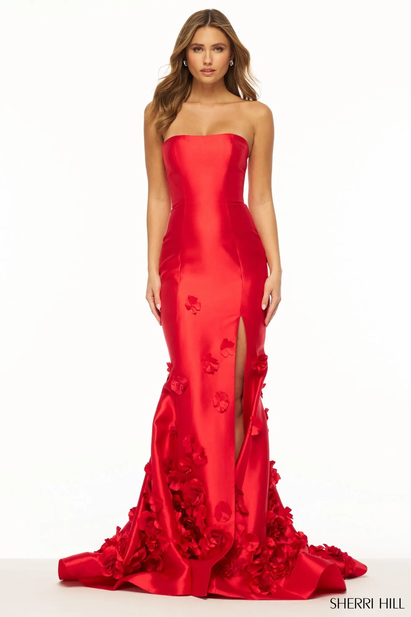 SHERRI HILL - 56235 - STRAPLESS MIKADO GOWN WITH 3D FLOWERS
